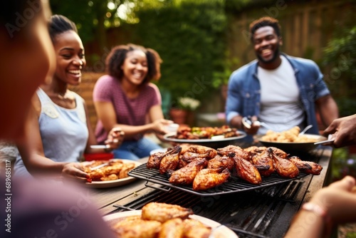 a person enjoying chicken wings at a bbq with friends
