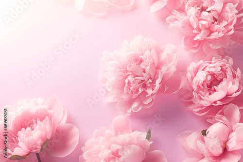 Beautiful delicate peony flowers on pink background. Top view.