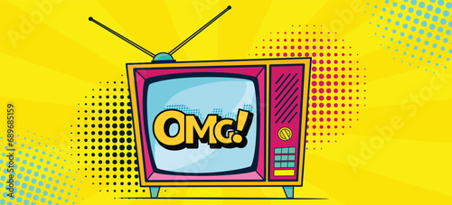 Comic retro tv on halftone and dots backdrop. Vector colorful background in pop art retro comic style. Cartoon vintage 70s, 80s television
