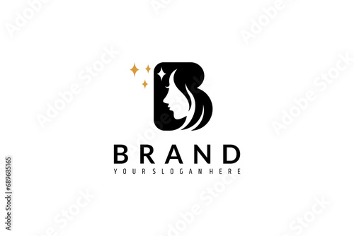 Beautiful woman vector logo design with letter B combination decorated with stars