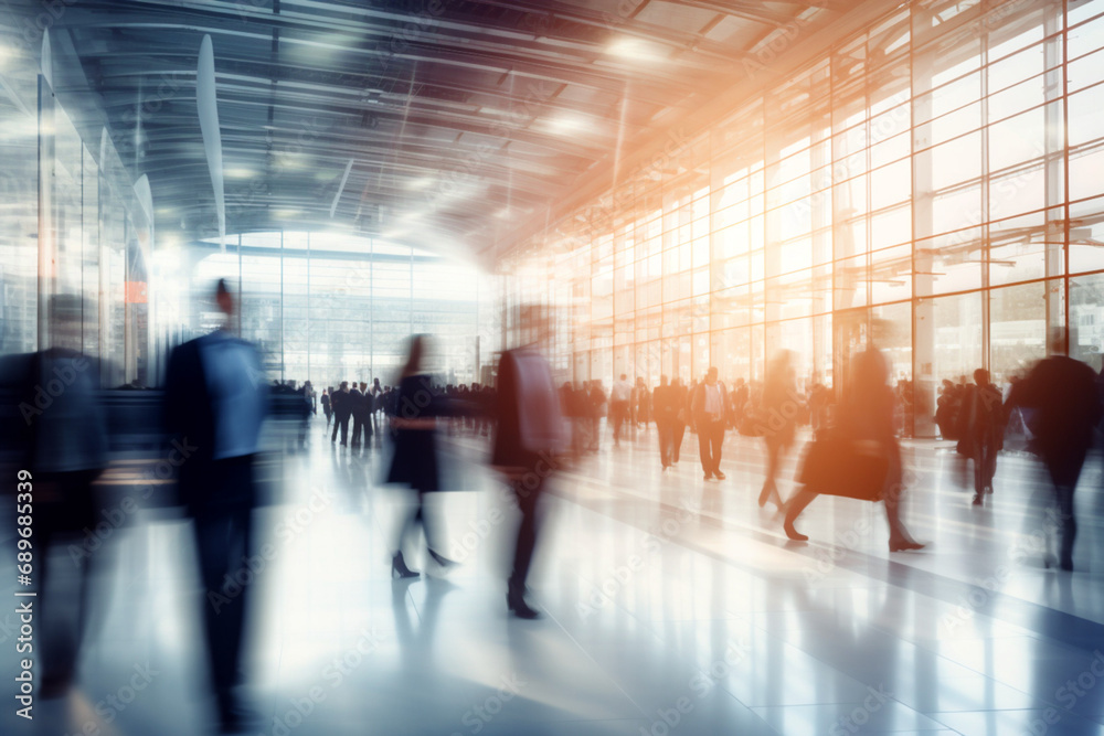 Blurred business people walking at a trade fair, conference or walking in a modern hall, motion speed blur, wide panoramic banner. Generative AI