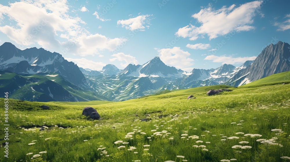 At the top of the mountain range, there is a green meadow that is filled with beauty.