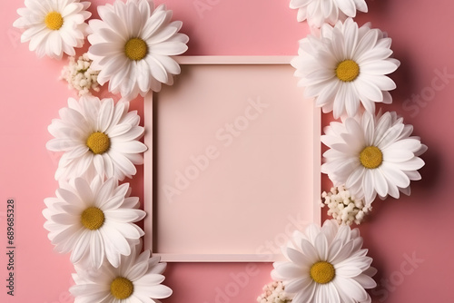 Blank greeting card in frame made of white chamomile flowers on pink background. Wedding invitation. Mock up