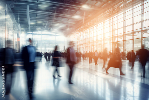 Blurred business people walking at a trade fair, conference or walking in a modern hall, motion speed blur, wide panoramic banner. Generative AI