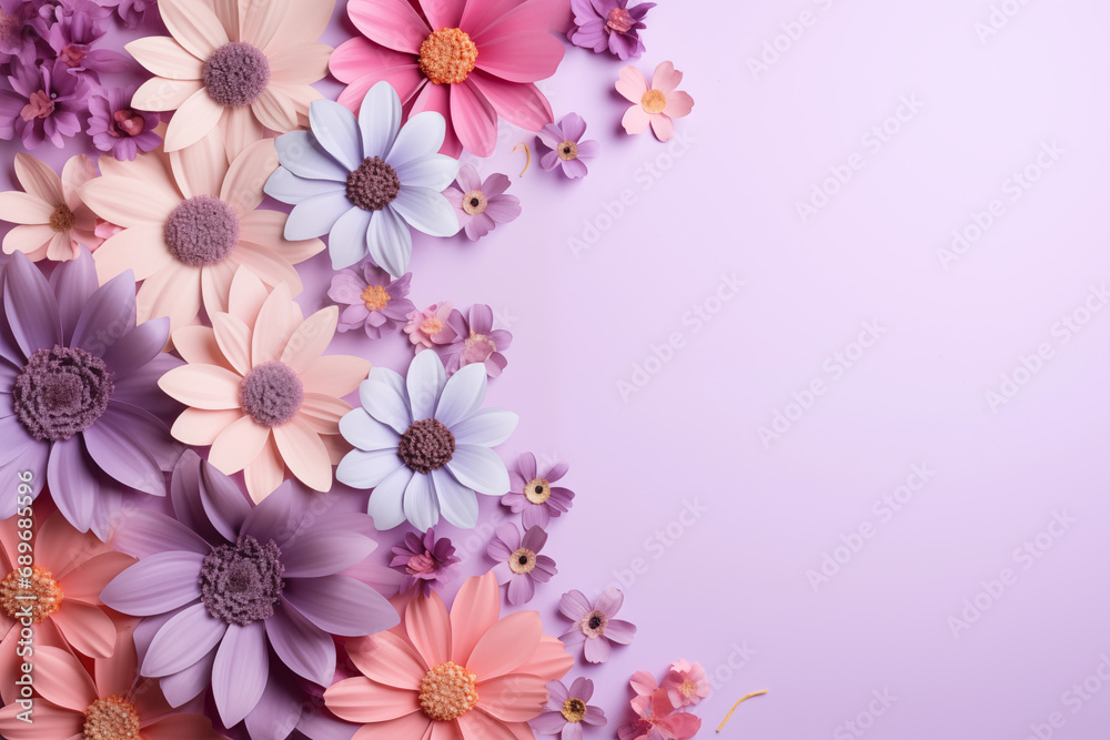 Beautiful flowers on lilac background. Card for Easter, Women's Day, Mother's Day, Valentine's Day with a place for text.