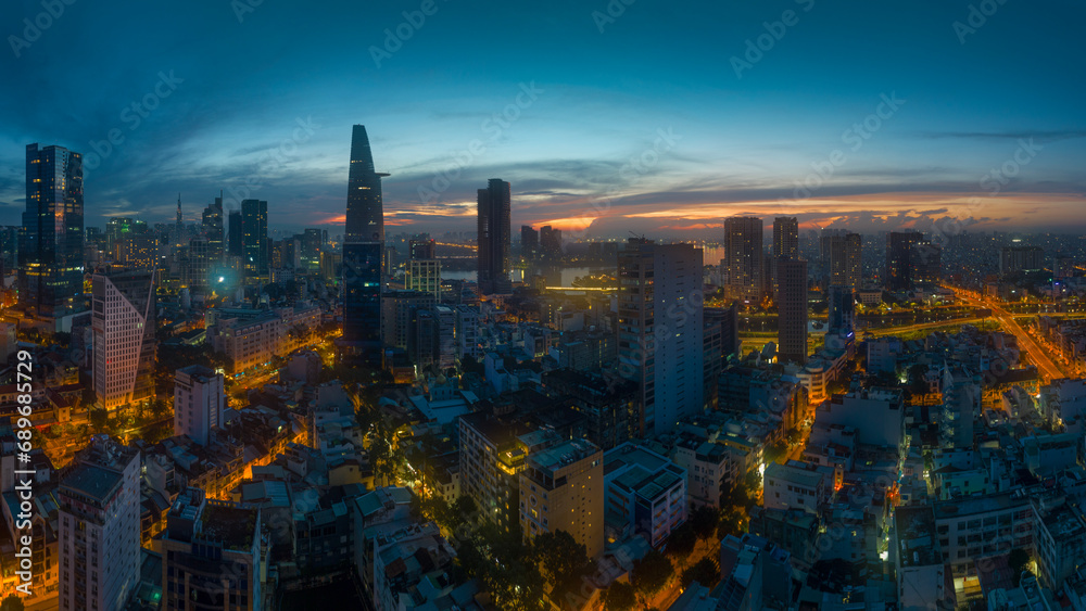 August 23, 2023: Panorama of District 1, Ho Chi Minh City in the early morning