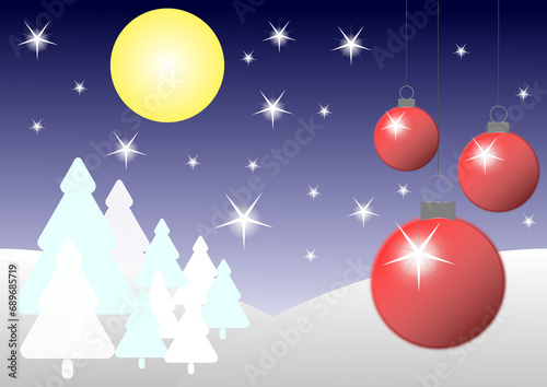 Paesaggio innevato con alberi, punti luce e palline di Natale come decorazione photo