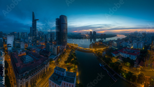 August 23, 2023: Panorama of District 1, Ho Chi Minh City in the early morning