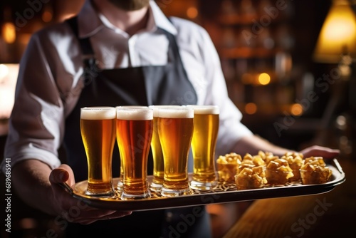 waiter serving trays of light lager beer at a restaurant photo