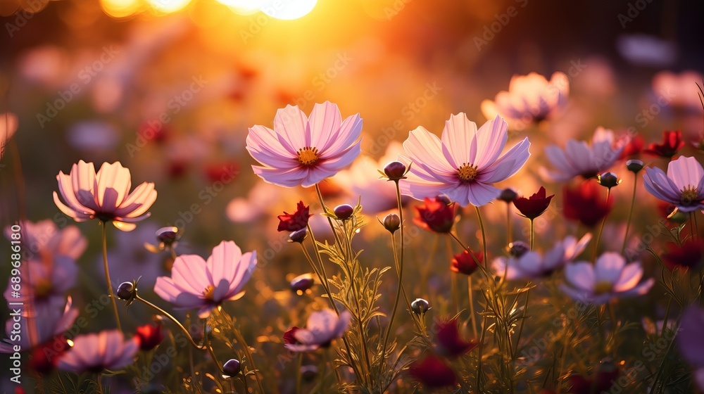 Obraz premium Wildflowers glowing and illuminated by the vibrant sunset light