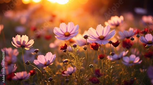 Wildflowers glowing and illuminated by the vibrant sunset light © Humeyra