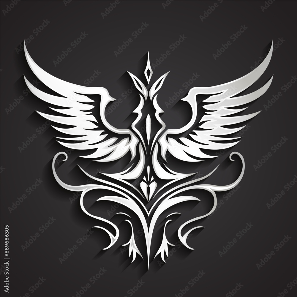 Fototapeta premium 3d silver floral winged ornamental logo design