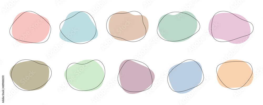 Abstract shapes in pastel colours with asymmetric edges and black line boarders. Simple liquid blob elements. Creative frame templates. Vector illustrations set.