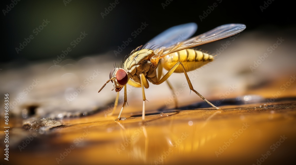 A close-up of a small yellow fly is spooky when the focus is on it A close-up of a small yellow fly is spooky when the focus is on it