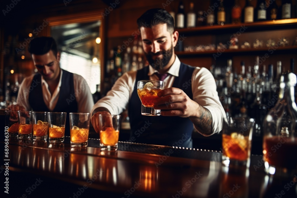 bartender serving old-fashioned cocktails to customers