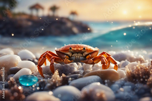 Crab. Crab on the rocks by the sea. Soft focus. AI generated