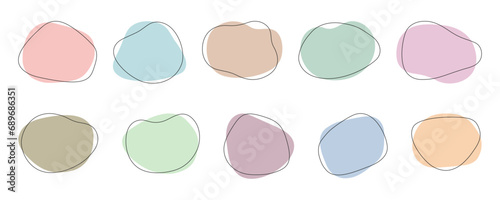 Abstract shapes in pastel colours with asymmetric edges and black line boarders. Simple liquid blob elements. Creative frame templates. Vector illustrations set.
