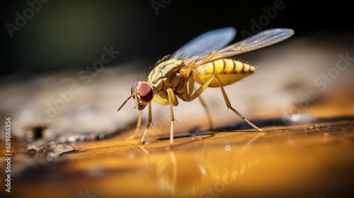 A close-up of a small yellow fly is spooky when the focus is on it