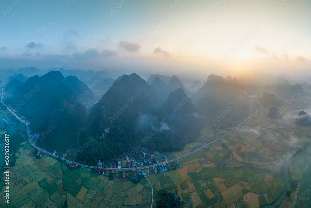 Scenery of Ngoc Con mountain, Cao Bang province, Vietnam filled with mist in the early morning