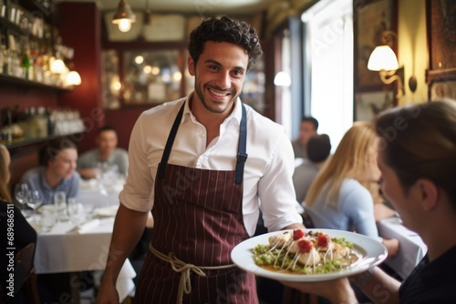 waiter serving pasta in bustling italian restaurant photo