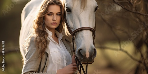 Beautiful young woman posing with a horse outdoors, showing equestrian elegance. © Iryna