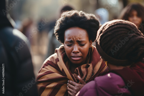A woman comforting a black woman, refugee assistance in a camp