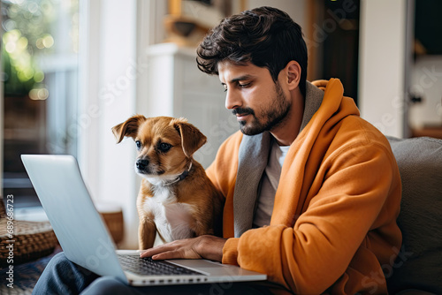 A man works at home on his laptop with his adorable dog, creating a close bond with each other.