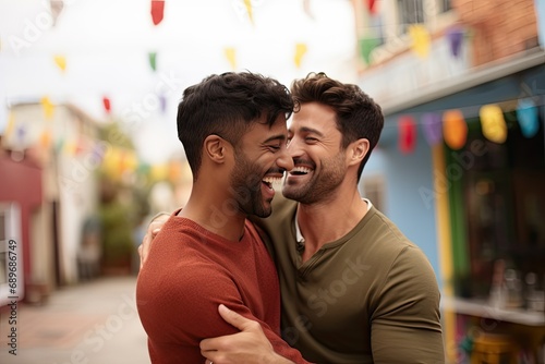 Happy homosexual couple hugging outdoors, expressing love and togetherness, conveying the joy of their modern relationship.
