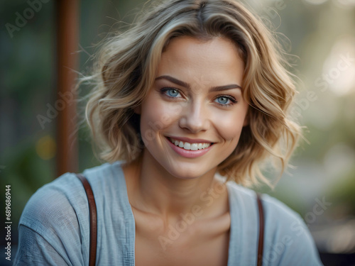 Portrait of beautiful adult woman with short blond hair smiling  she is sitting outdoors in a park. Wearing elegant simple blue knitwear. Professional photography.