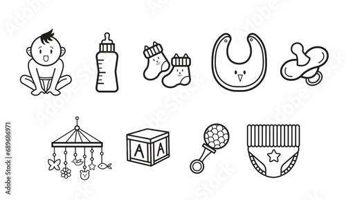 Baby items and equipments themed monochrome black and white vector icon set collection outlined isolated on horizontal white background. Simple flat cartoon styled with kids or children themed art.