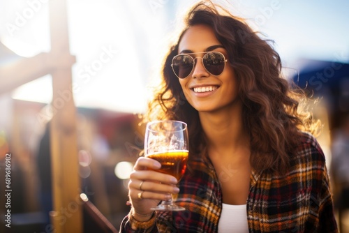 woman enjoying a saison beer at an outdoor festival photo