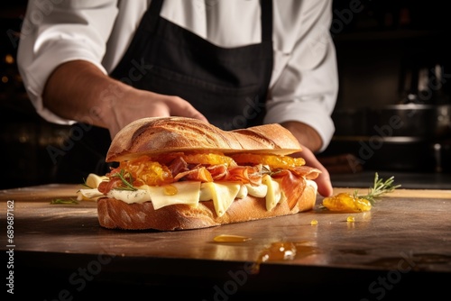 chef layering smoked cheese on a gourmet sandwich