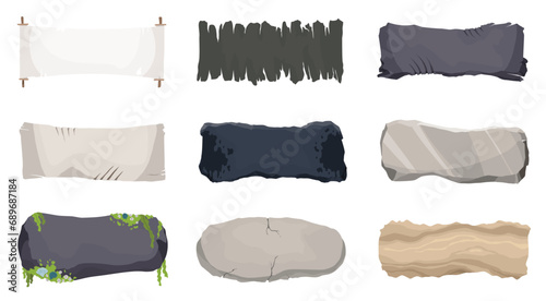 Blank banners signs or gravestones. Stone sign boards, cartoon vector design piece of rock and ragged parchment. Illustration game menu rock tablet, heavy gray cracked boulders