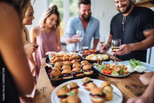 friends sharing bbq pork sliders at party photo
