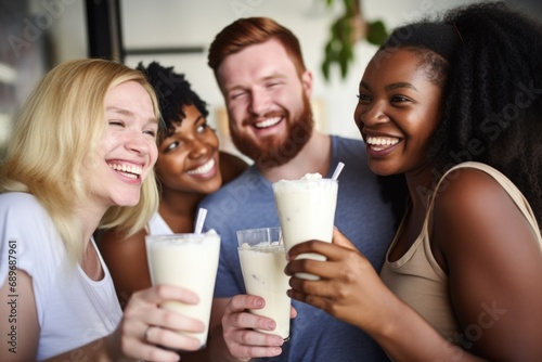 group of friends enjoying their vanilla shakes