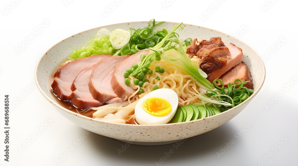 An image that highlights the close-up details of the various toppings in a bowl of ramen, such as sliced pork, green onions, nori, and more, background image, generative AI An image that highlights the close-up details of the various toppings in a bowl of ramen, such as sliced pork, green onions, nori, and more, background image, generative AI