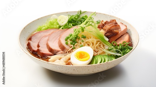 An image that highlights the close-up details of the various toppings in a bowl of ramen, such as sliced pork, green onions, nori, and more, background image, generative AI
