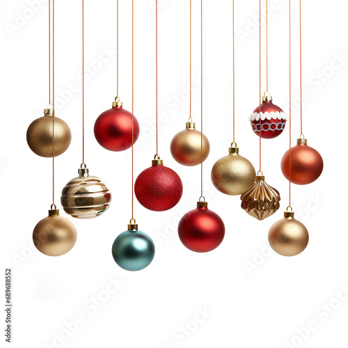 Christmas balls isolated on white background. Xmas decoration baubles, Festive Christmas Garland isolated on transparent background, drei christbaumkugeln, freigestellt 
