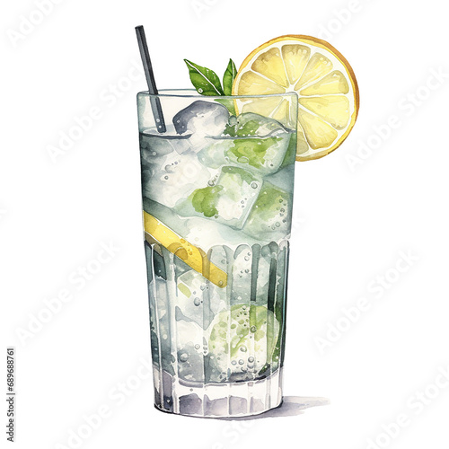 gin and tonic cocktail with lemon and ice illustration png isolated on a transparent background, watercolor clipart  photo