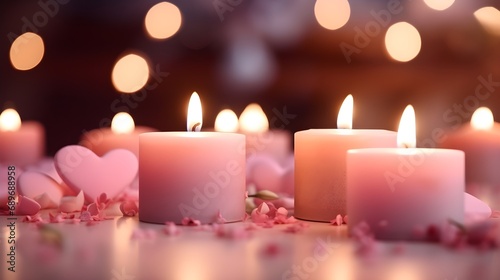 Close-up image showcasing the soft  flickering glow of candles arranged in a romantic setting against a Valentine s Day-themed background  generative AI