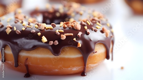 Close-up details of a donut with a glossy glaze, capturing the tempting sheen, reflections against a simple white background, background image, generative AI