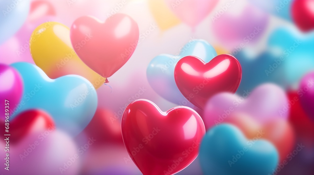 Close-up image showcasing a cluster of heart-shaped balloons floating in the air, capturing the vibrant colors against a Valentine's Day-themed backdrop, background image, generative AI
