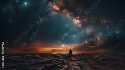 A lonely woman gazes up at the sky from a plain under a beautiful cosmic sky.