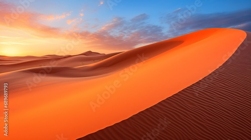 The beauty of sunrise over arid sand dunes is awe-inspiring.