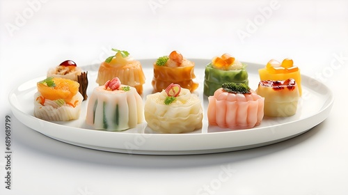 Close-up image showcasing an assortment of dim sum, highlighting the delicate folds, vibrant colors, and intricate details against a white backdrop, background image, generative AI