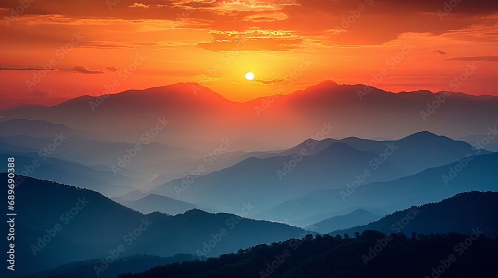 The tranquil beauty of nature can be seen through the sunset over mountain ranges.