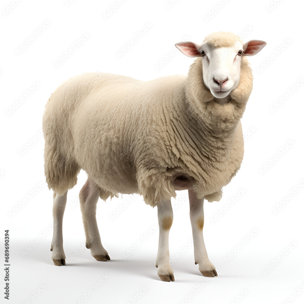 Fototapeta premium a sheep standing on a black background, Sheep isolated on a white background, Cut out of young sheep lamb isolated on white background looking at camera. Side view full body length. Innocence