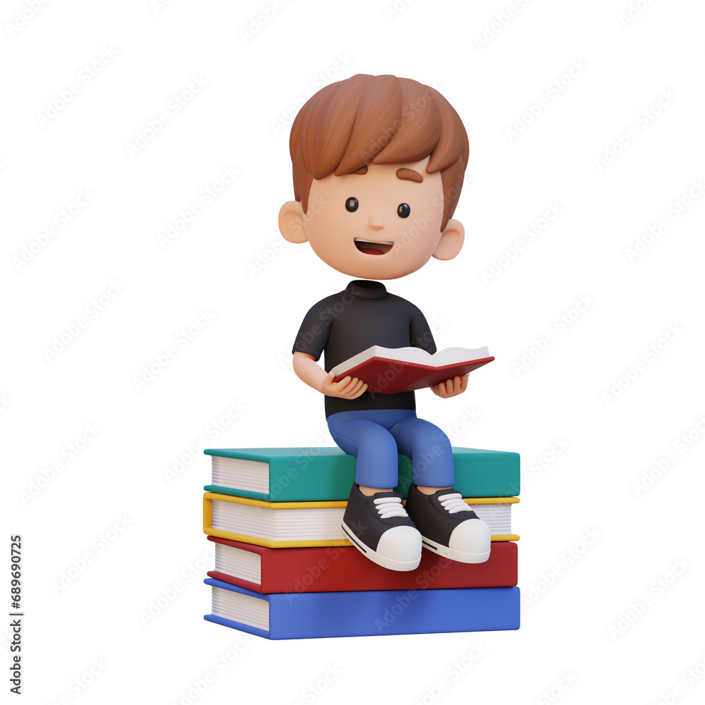 3D happy kid character reading book 3D happy kid character reading book