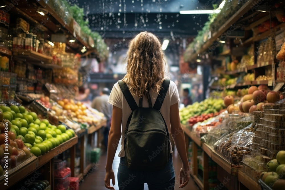 Woman with backpack in the fruit market