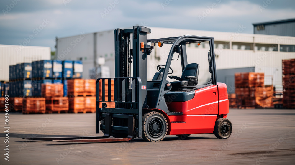 Forklift loader for warehouse works outdoors.
